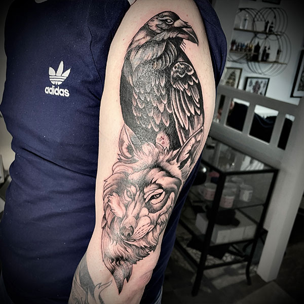 raven wolf tattoo black and white